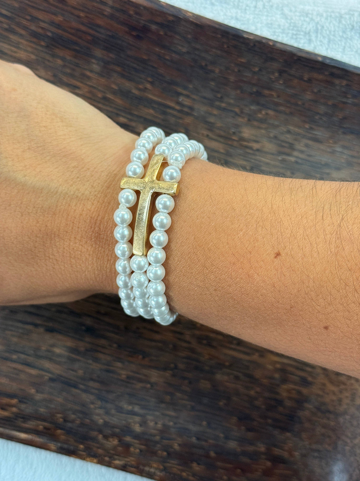 Cross Pendant Triple Strand Pearl Beaded Bracelet