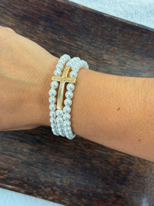 Cross Pendant Triple Strand Pearl Beaded Bracelet