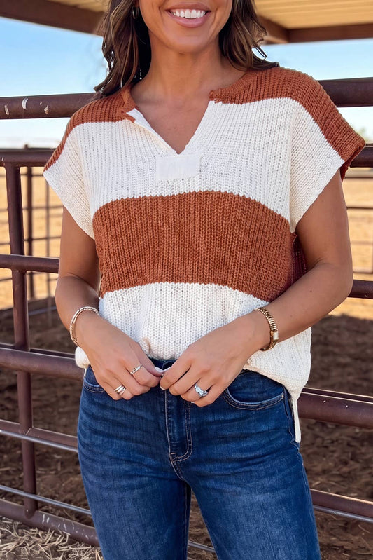 Stripe Colorblock Knit Short Sleeve Sweater