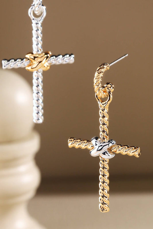 Two-Tone Rope Cross Charm Earrings
