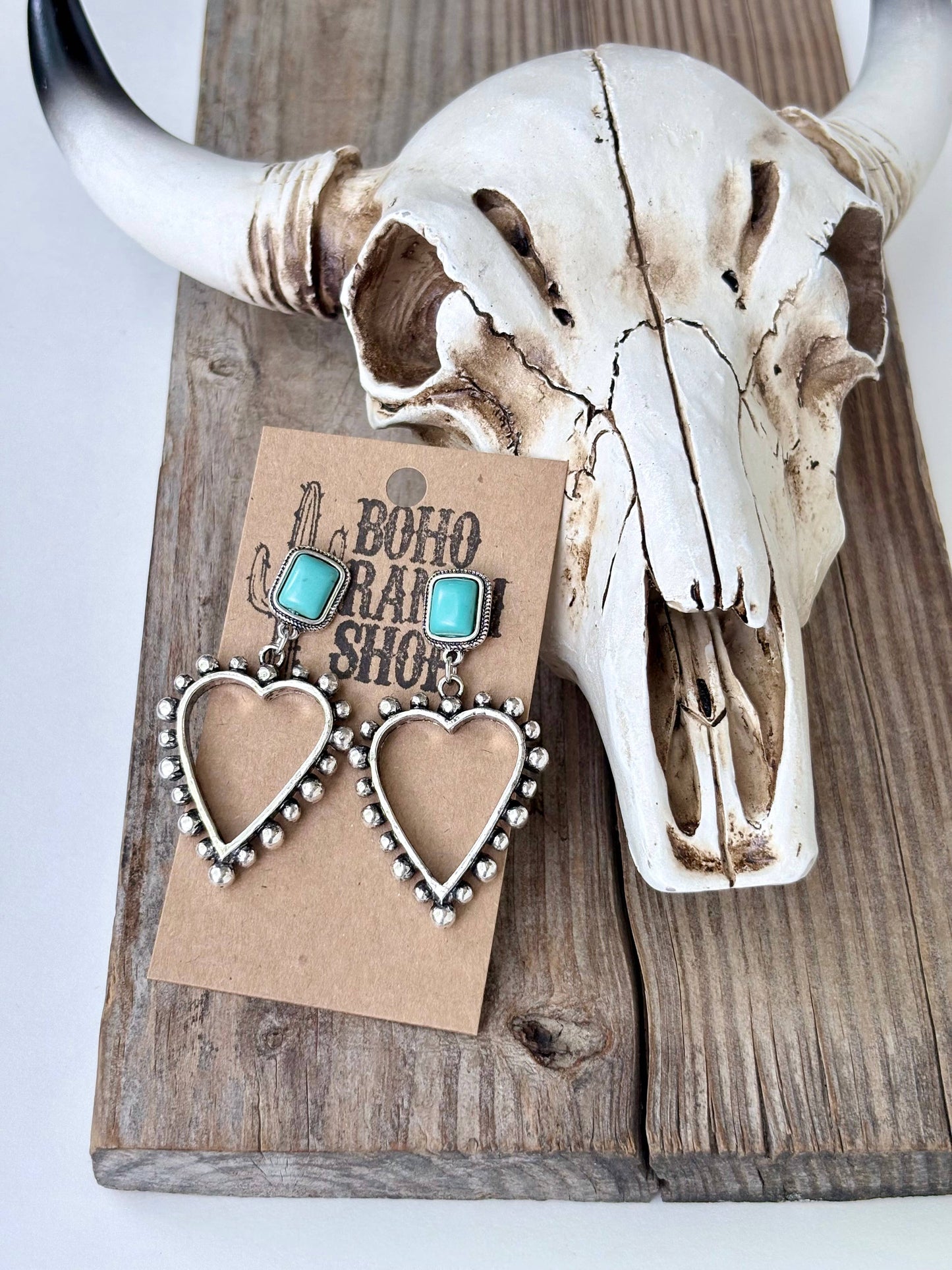 Western Style Turquoise Stone Open Heart Drop Earring