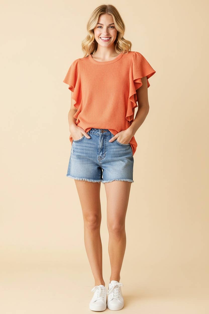 ET7535-10 SHORT RUFFLED SLEEVE SOLID URBAN RIBBED TOP