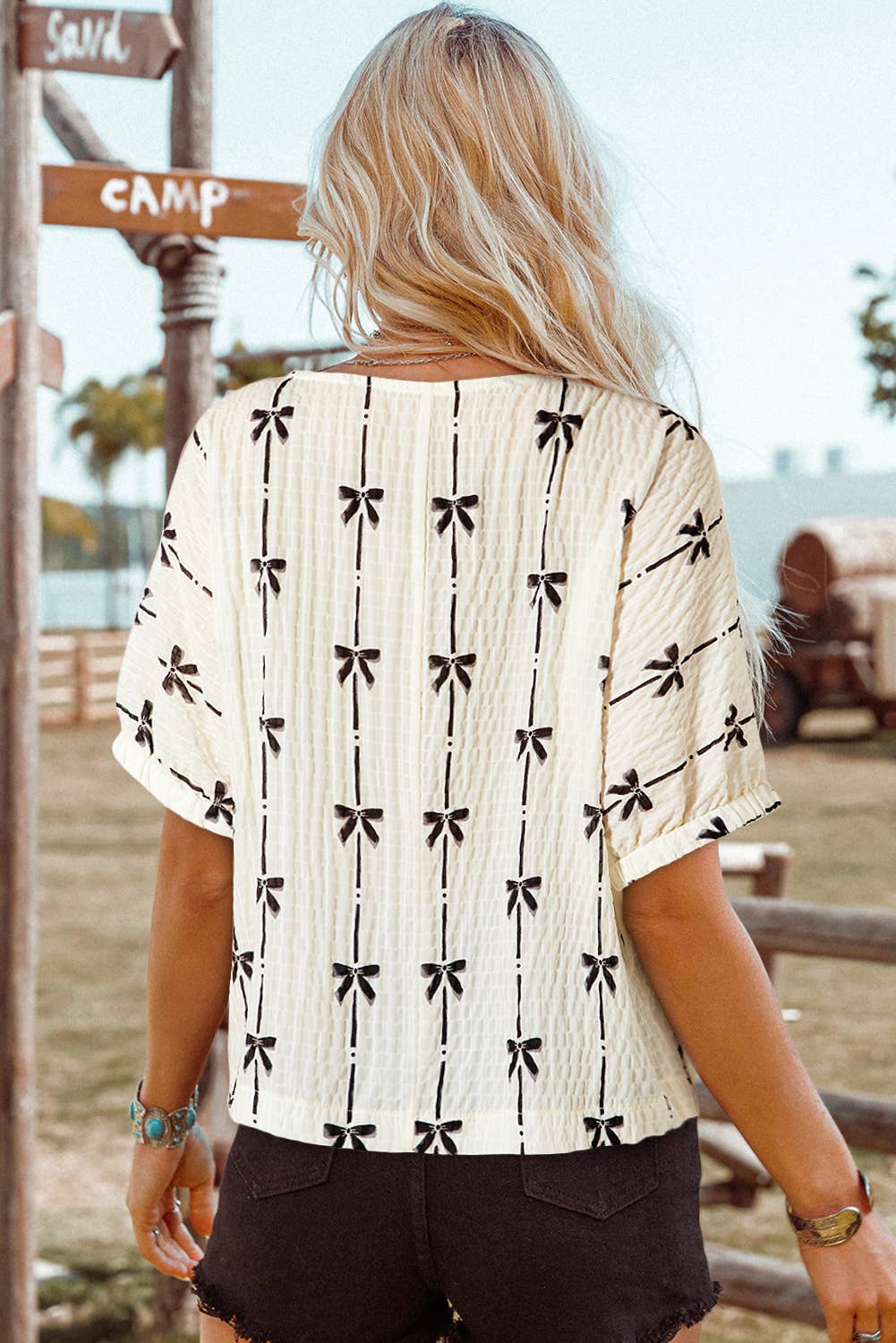 Spring&Summer Fashion-W Bow Print Puff Short Sleeve Top