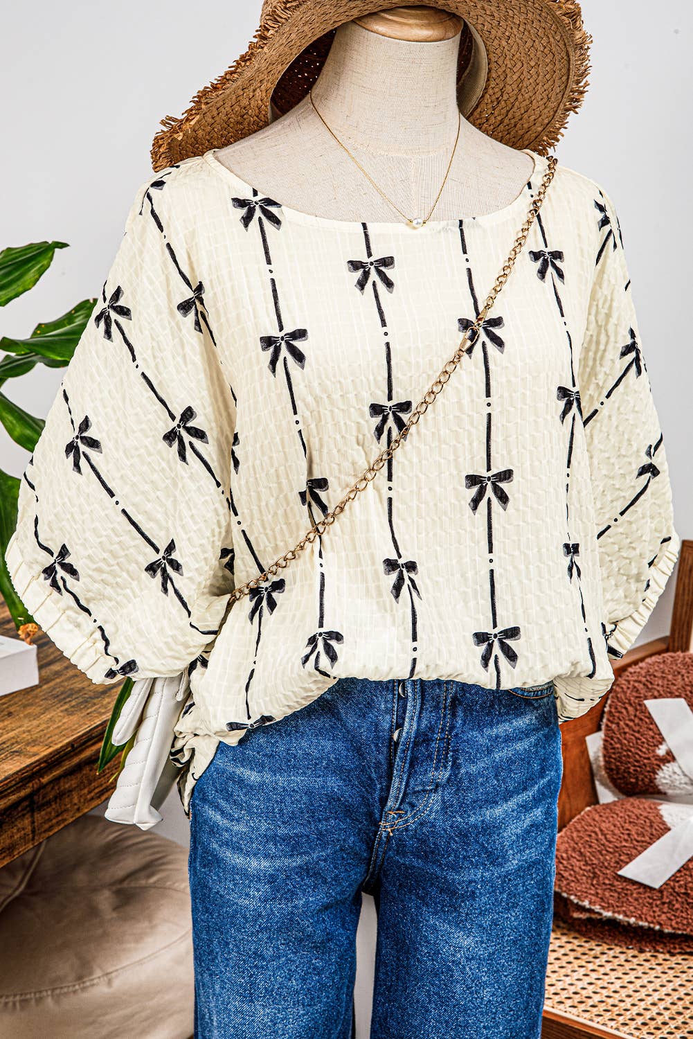 Spring&Summer Fashion-W Bow Print Puff Short Sleeve Top