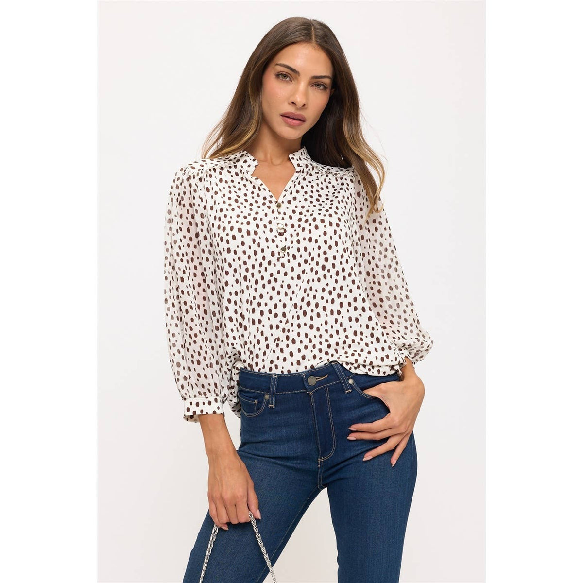 DOT SHEER SLEEVE RUFFLE SHIRT
