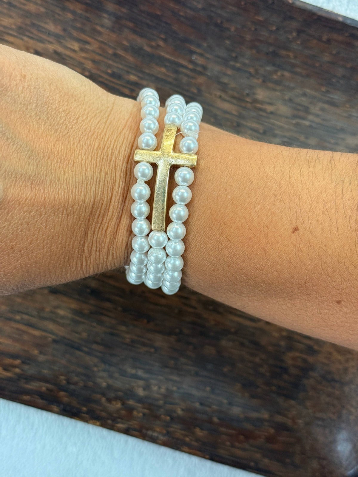 Cross Pendant Triple Strand Pearl Beaded Bracelet