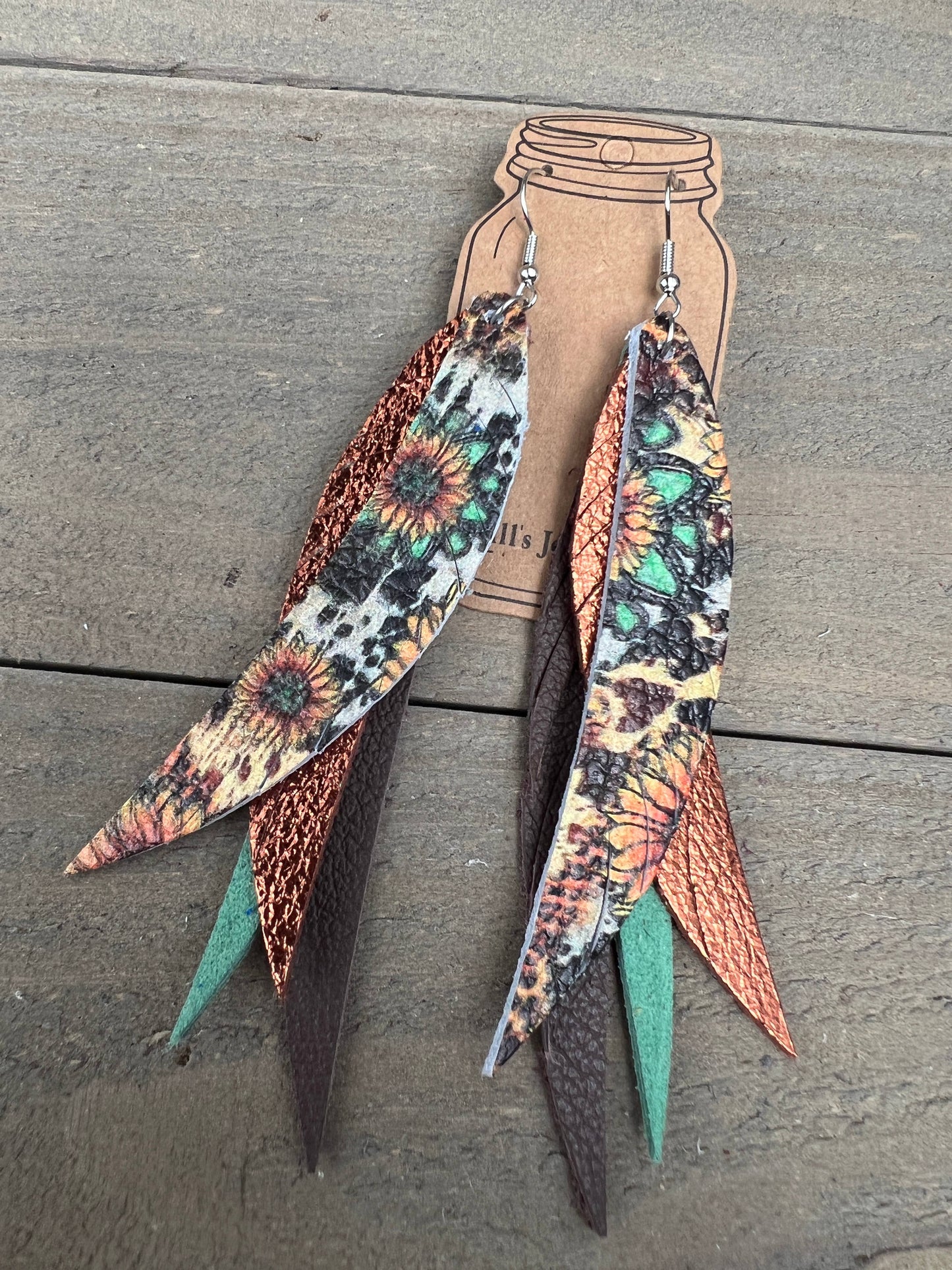 SUNFLOWER LEOPARD WESTERN  STACKED FRINGE FEATHER EARRINGS
