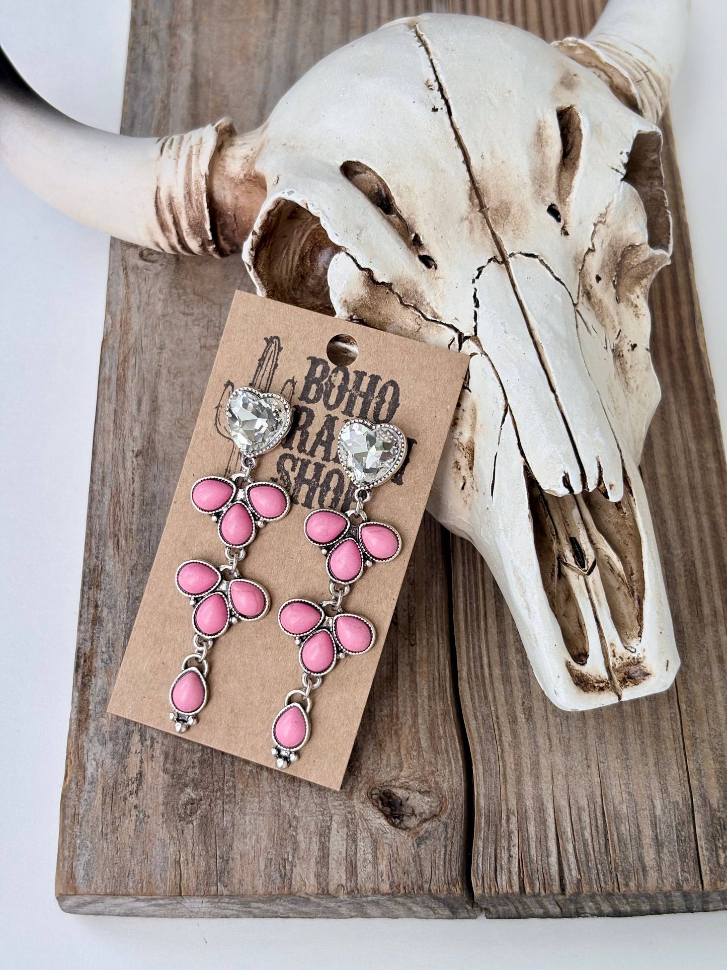 4 Tier Rhinestone Heart & Turquoise Stone Post Drop Earrings