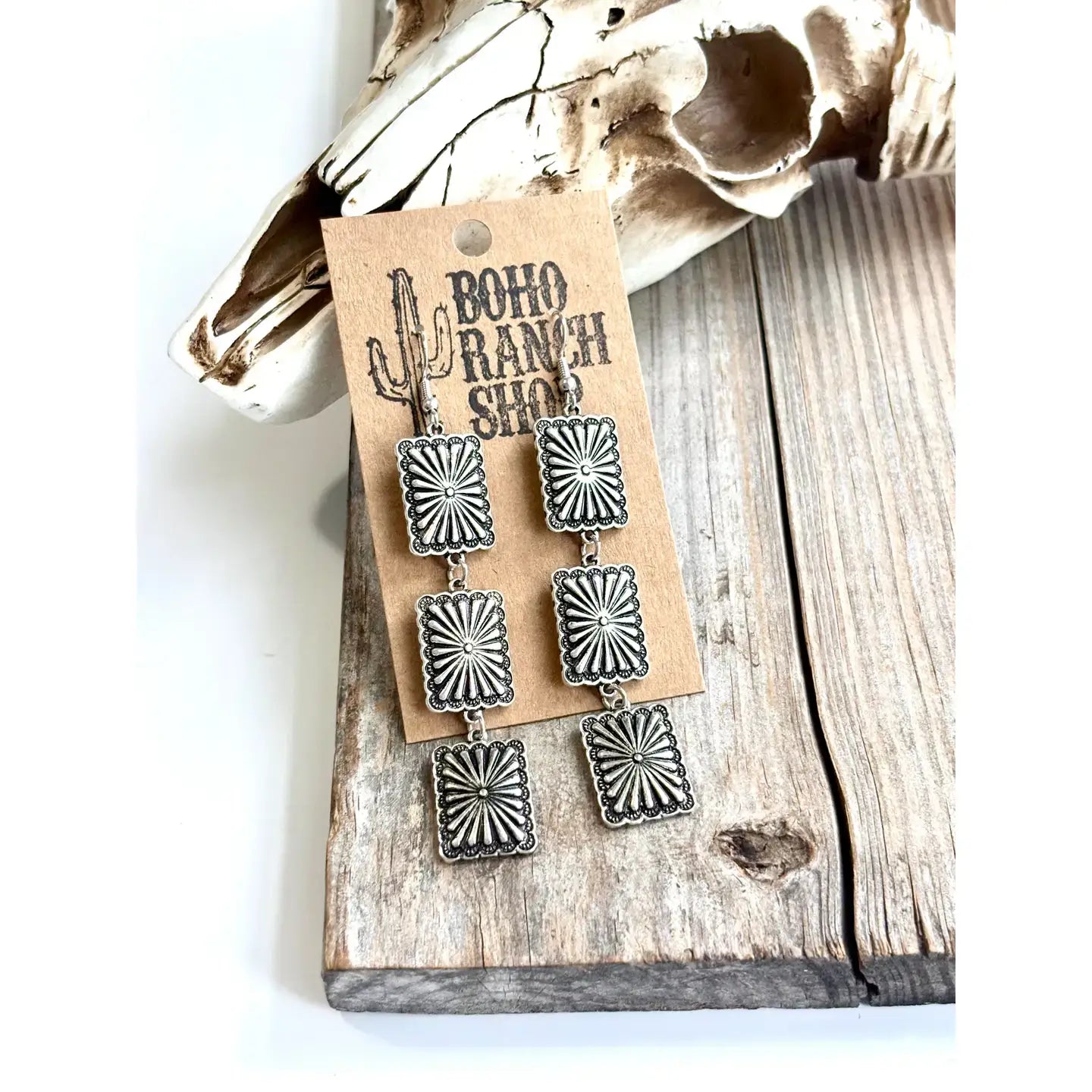 3 Tier Western Rectangle Concho Drop Dangle Earrings