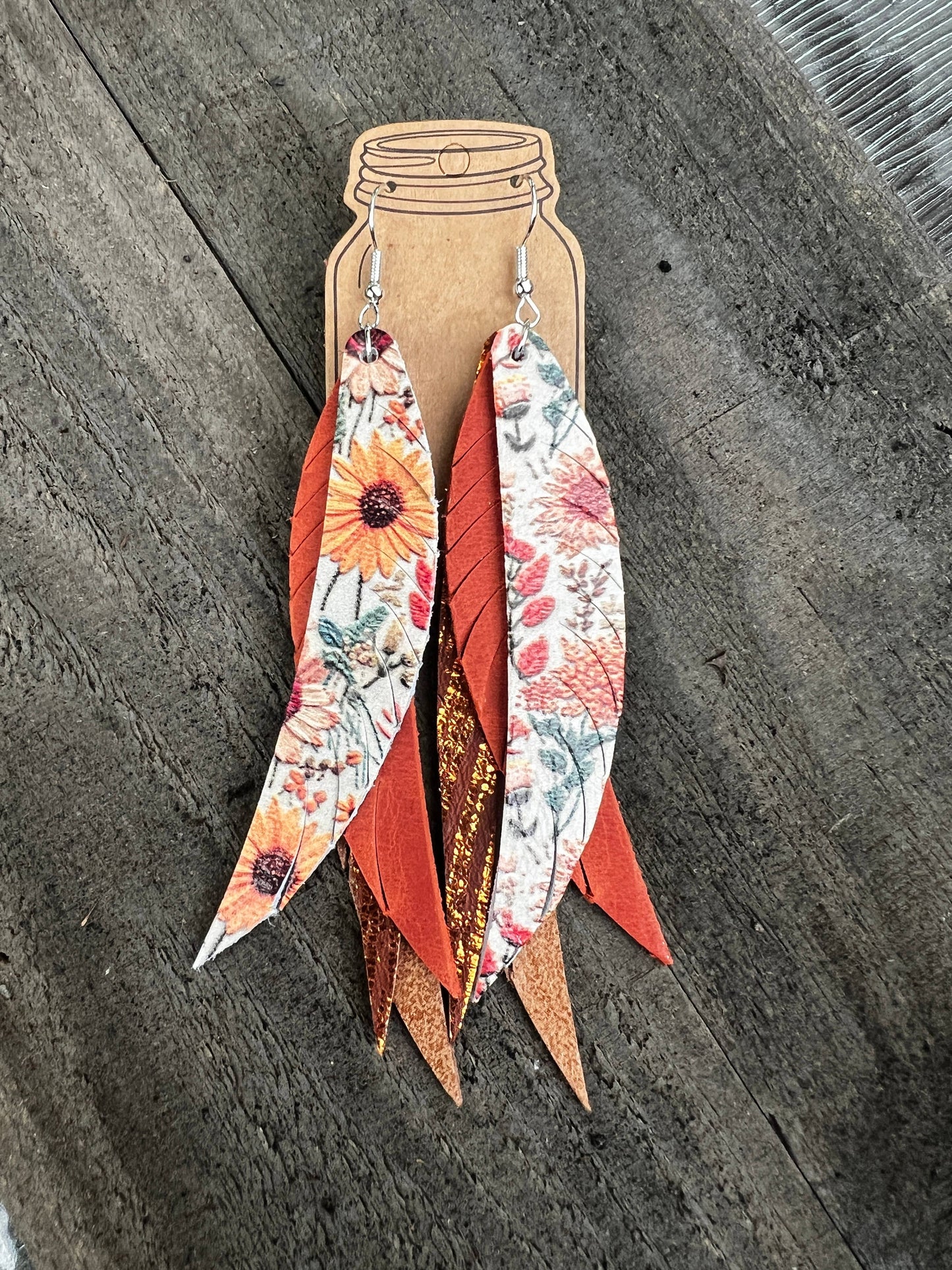  Fall Sunflower Boho Fringe Feather Leather Earrings