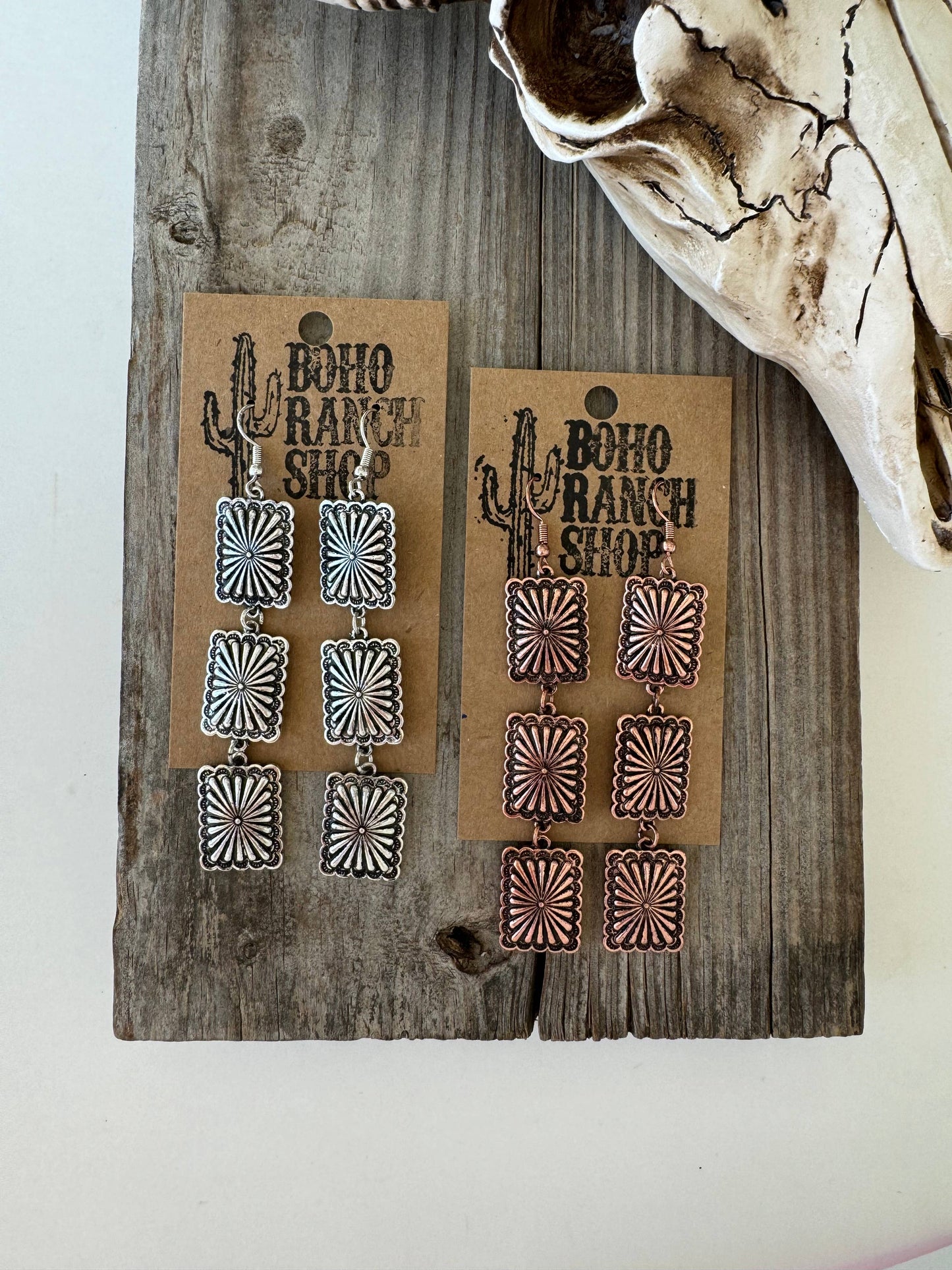 3 Tier Western Rectangle Concho Drop Dangle Earrings