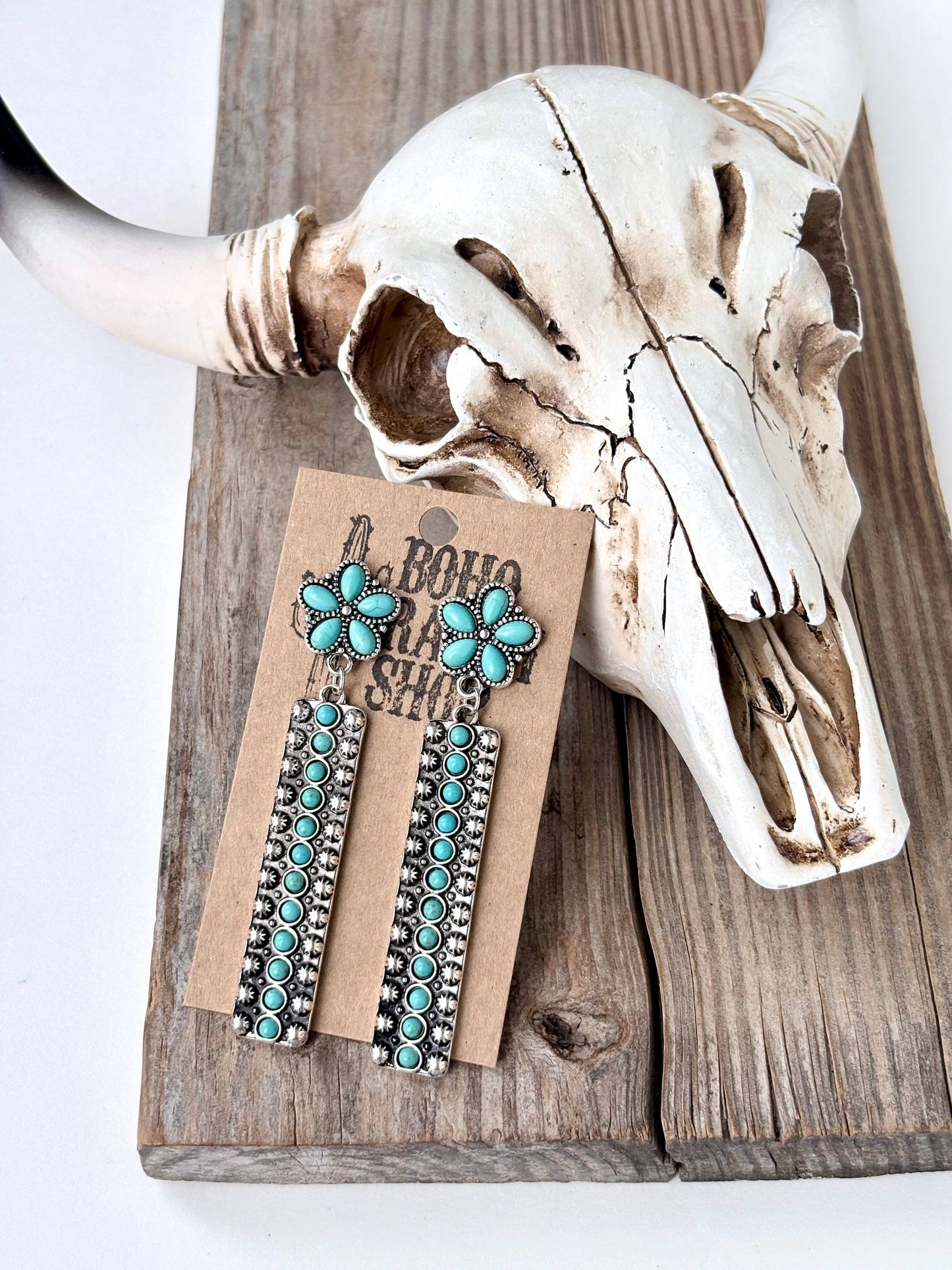Western Turquoise Stone Flower & Bar Post Drop Earrings