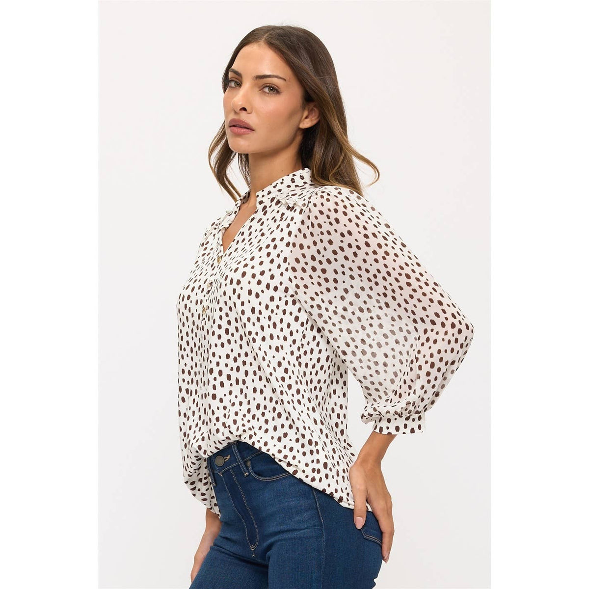 DOT SHEER SLEEVE RUFFLE SHIRT