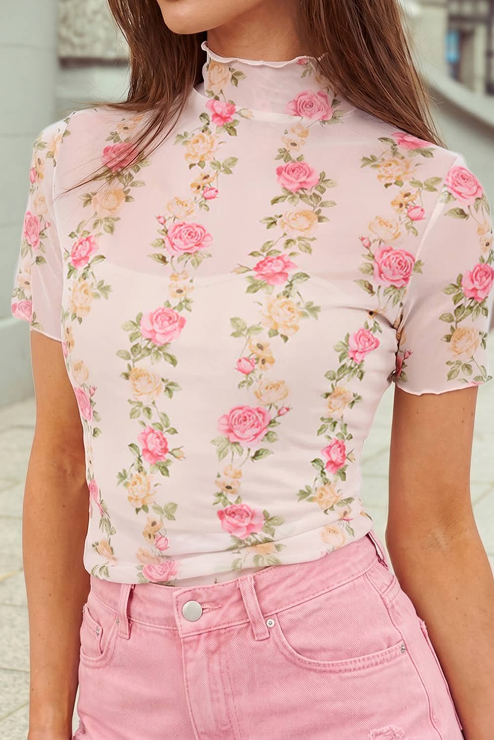 Floral Print Mesh Top