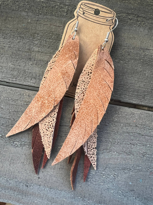 Brown Sparkle Western Fringe Feather Leather Earring