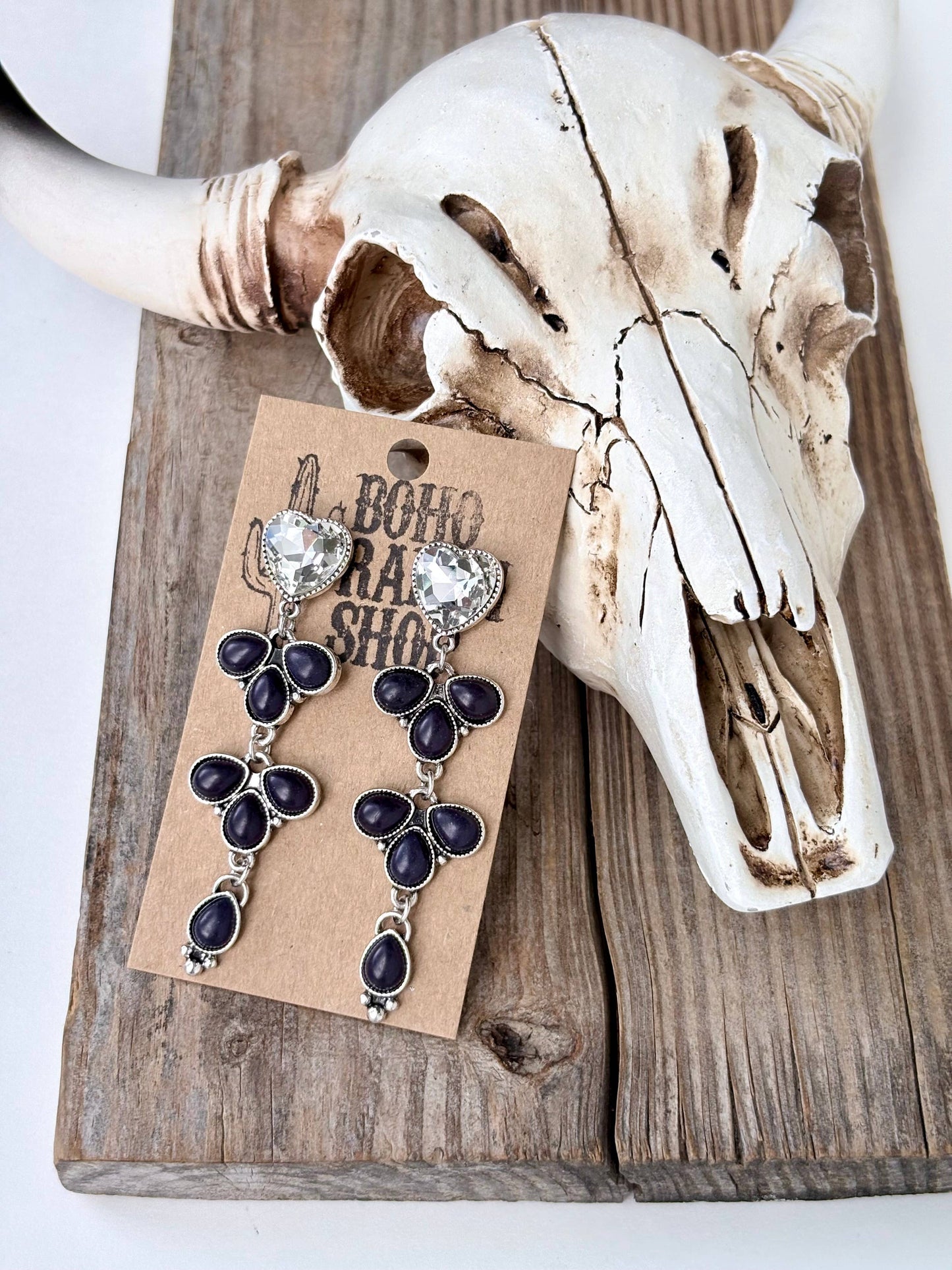 4 Tier Rhinestone Heart & Turquoise Stone Post Drop Earrings
