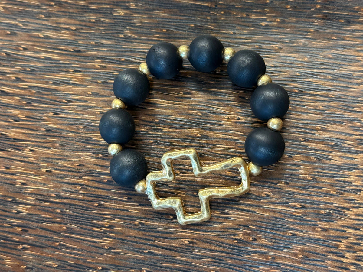 Gold Hammered Cross Pendant Chunky Beaded Bracelet