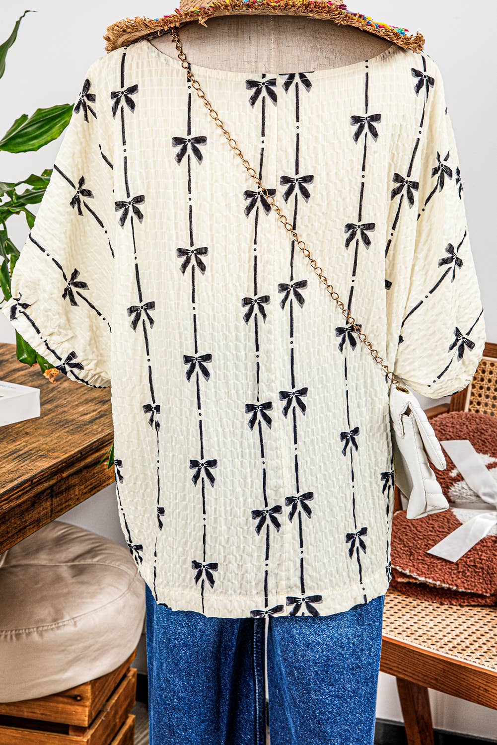 Spring&Summer Fashion-W Bow Print Puff Short Sleeve Top