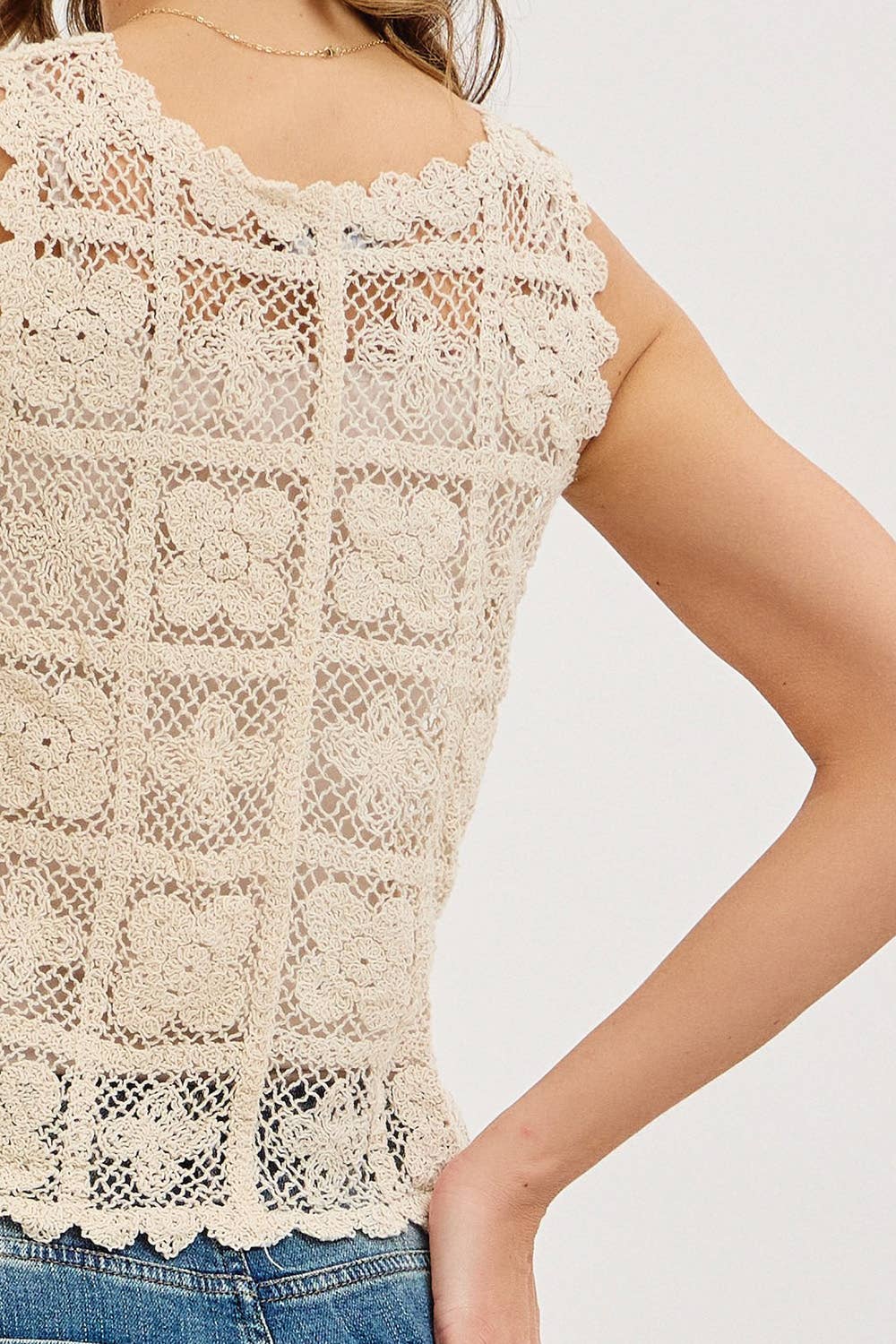 BOHEMIAN FEEL FLORAL PATTERN CROCHET LACE  TANK TOP