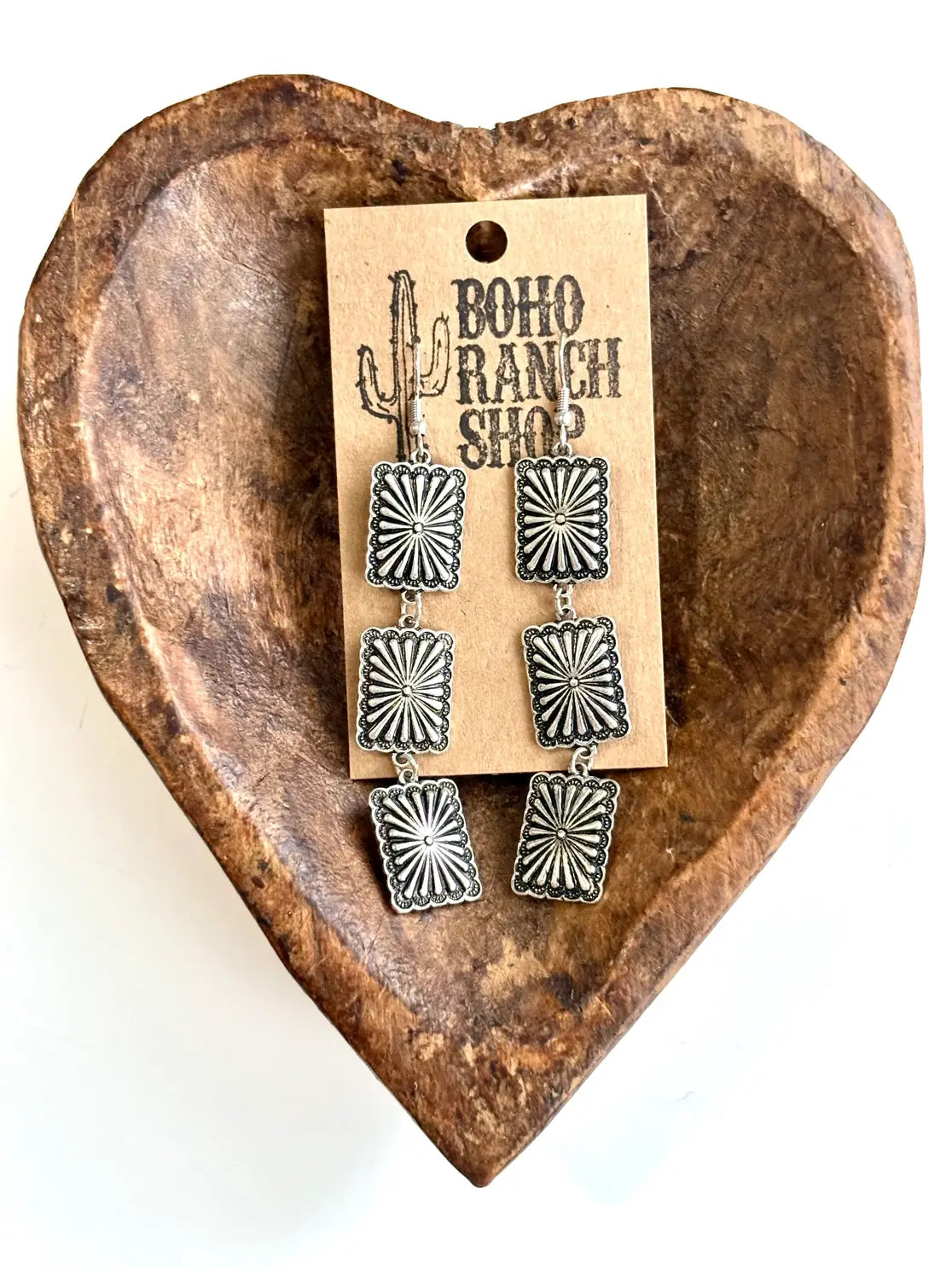 3 Tier Western Rectangle Concho Drop Dangle Earrings