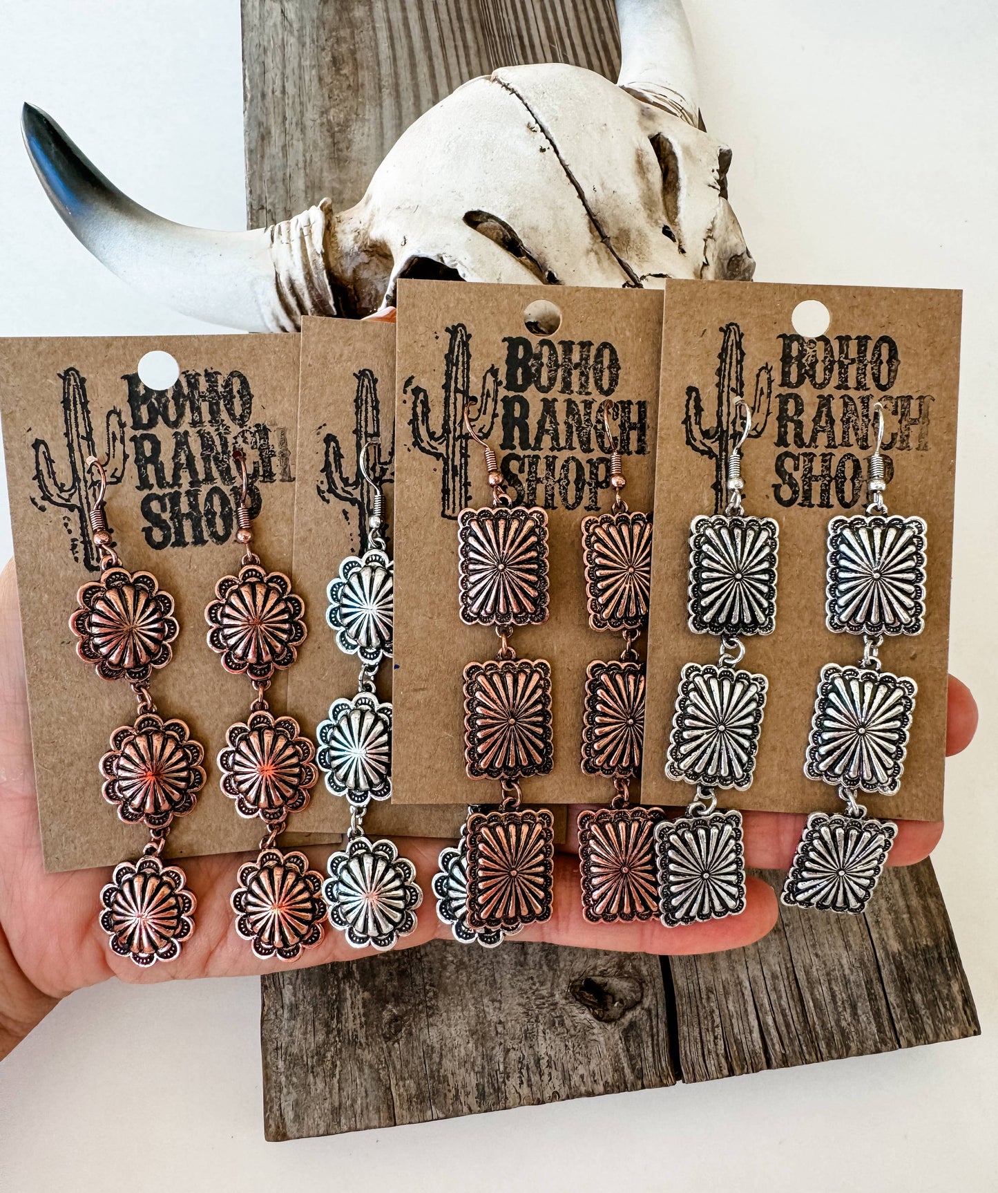 3 Tier Western Rectangle Concho Drop Dangle Earrings