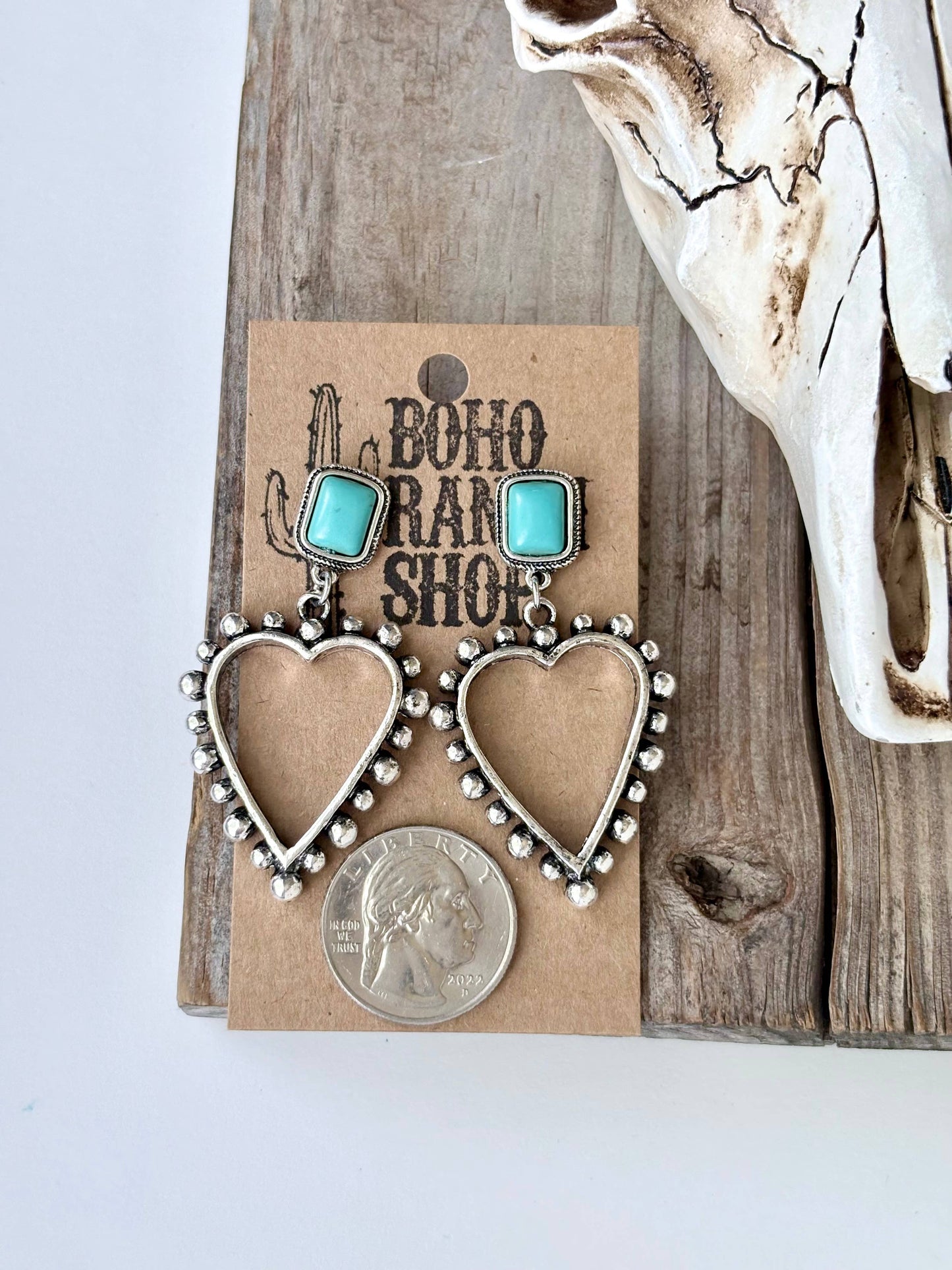 Western Style Turquoise Stone Open Heart Drop Earring