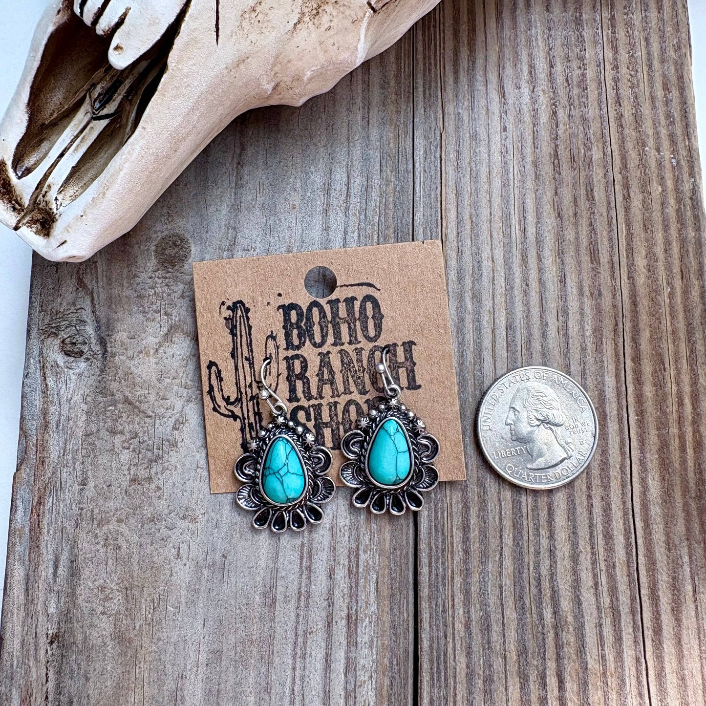Western Teardrop Concho Turquoise Stone Dangle Earrings