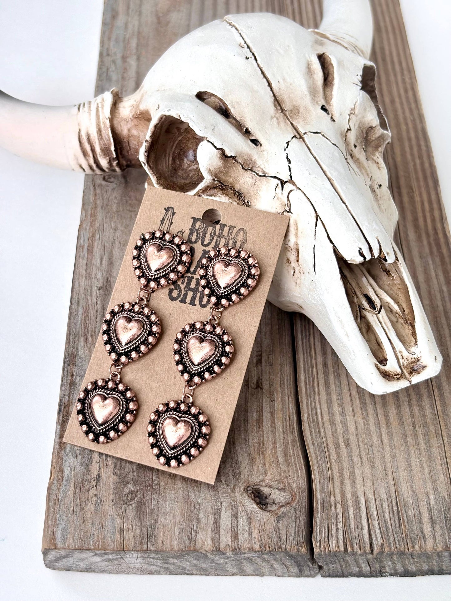 3 Tier Studded Heart, Round Concho Post Drop Earrings