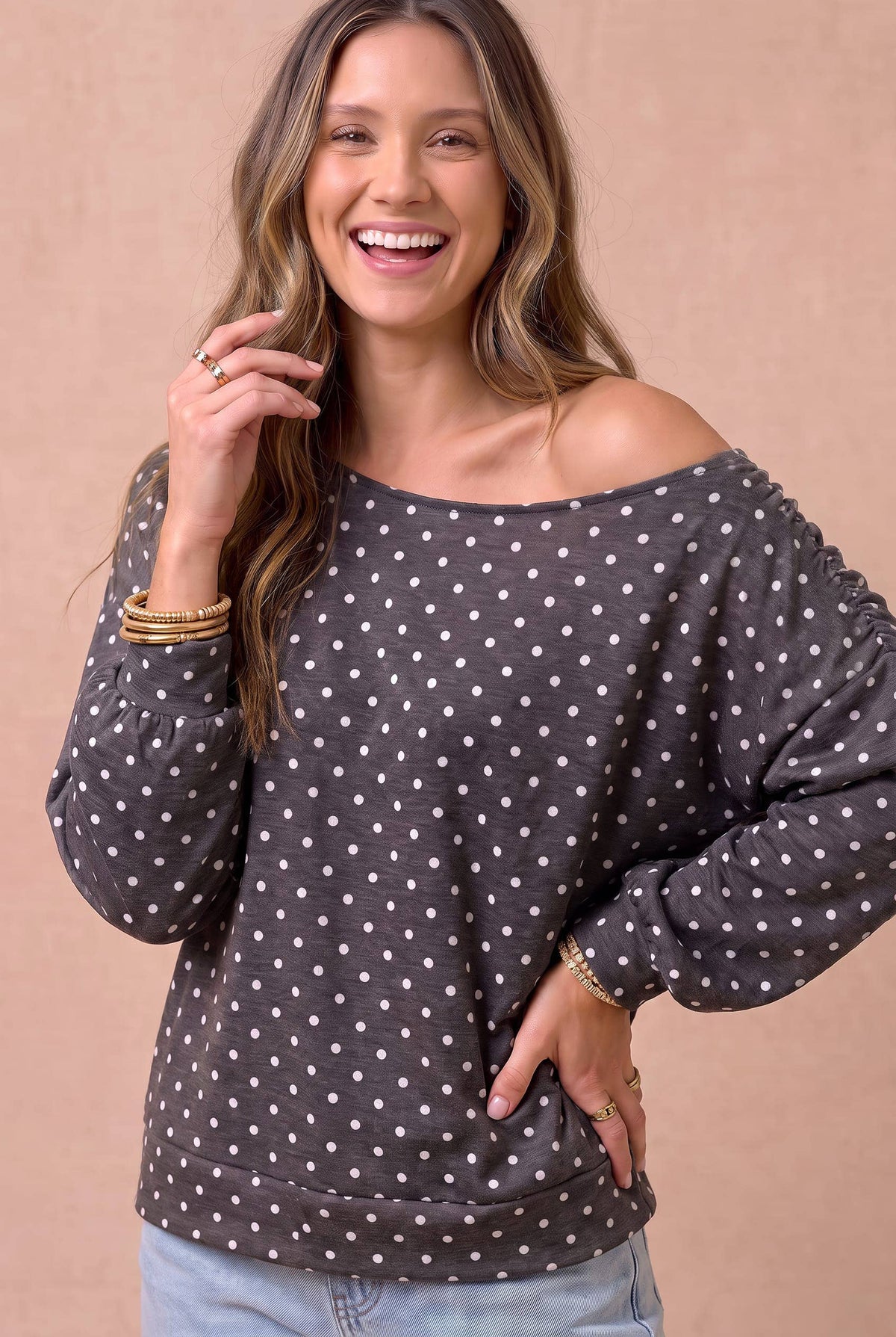 Polka Dot Off-Shoulder Loose Knit Top
