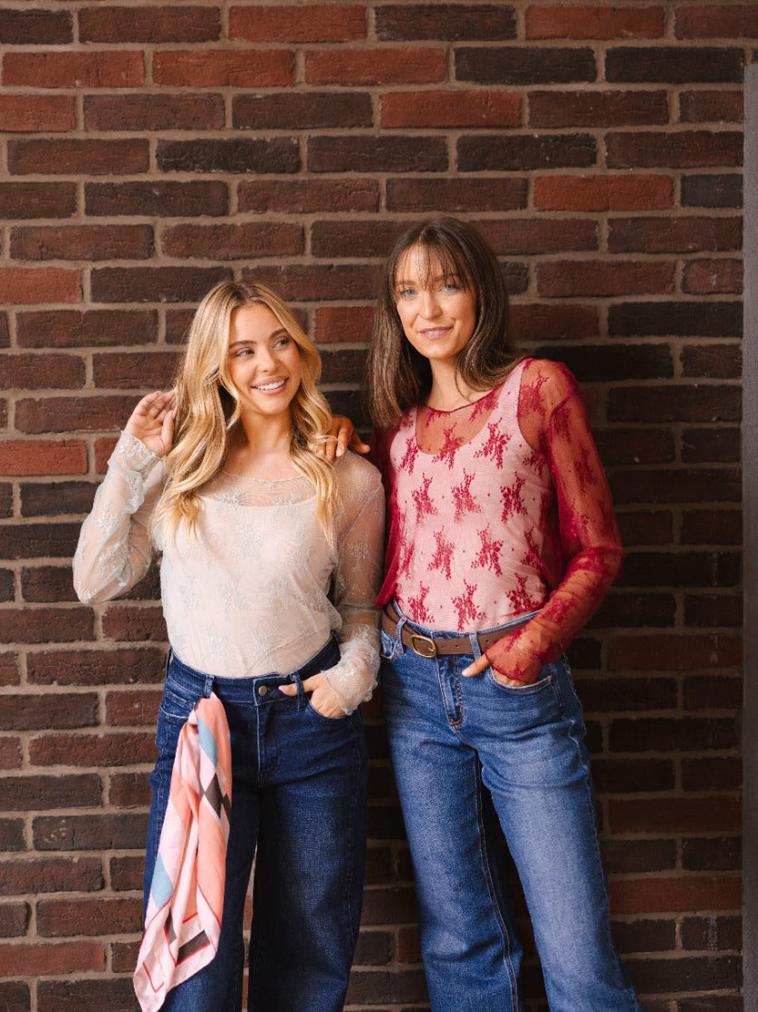 Lace Long-sleeve Top, Red