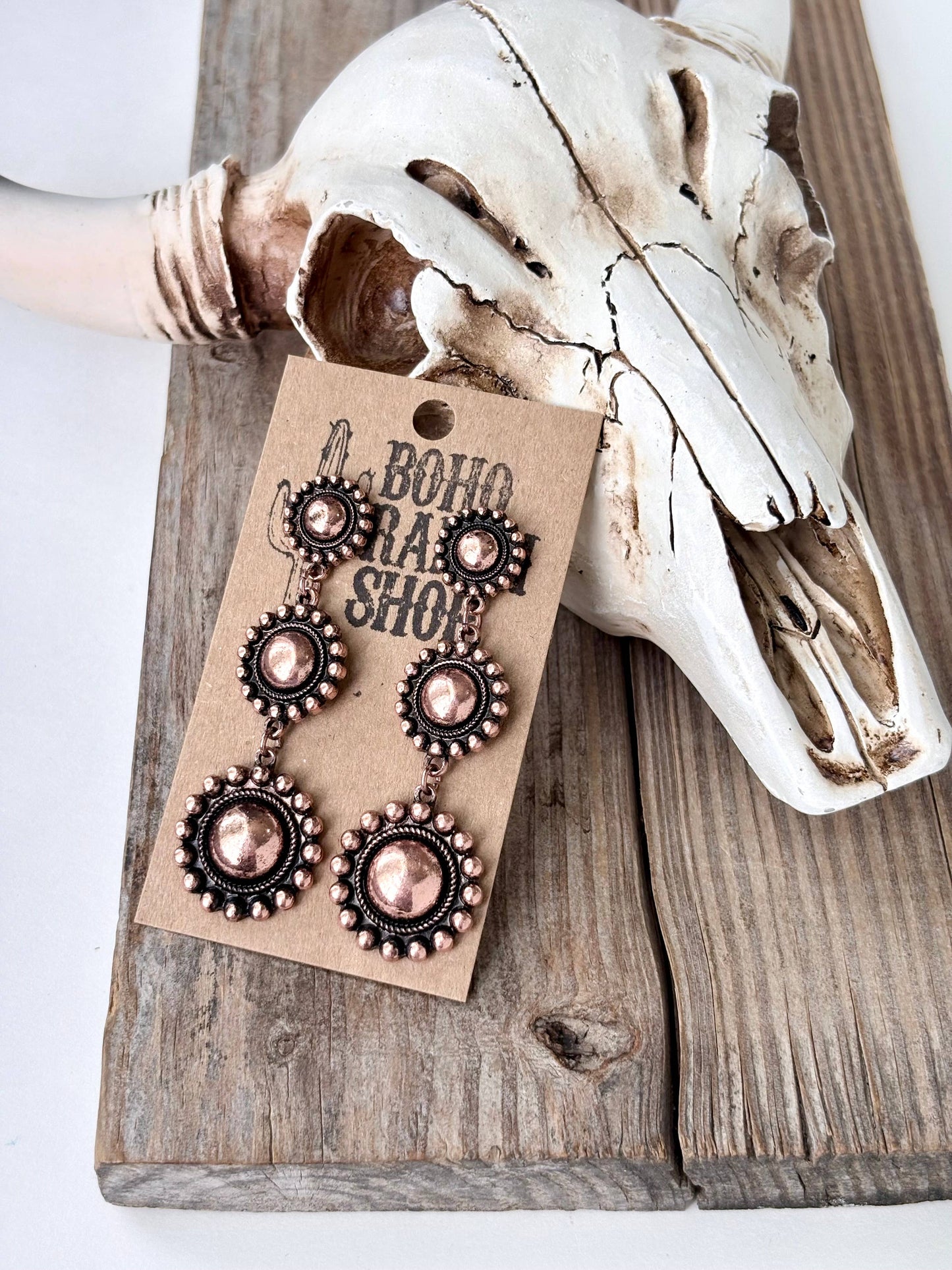 3 Tier Studded Heart, Round Concho Post Drop Earrings