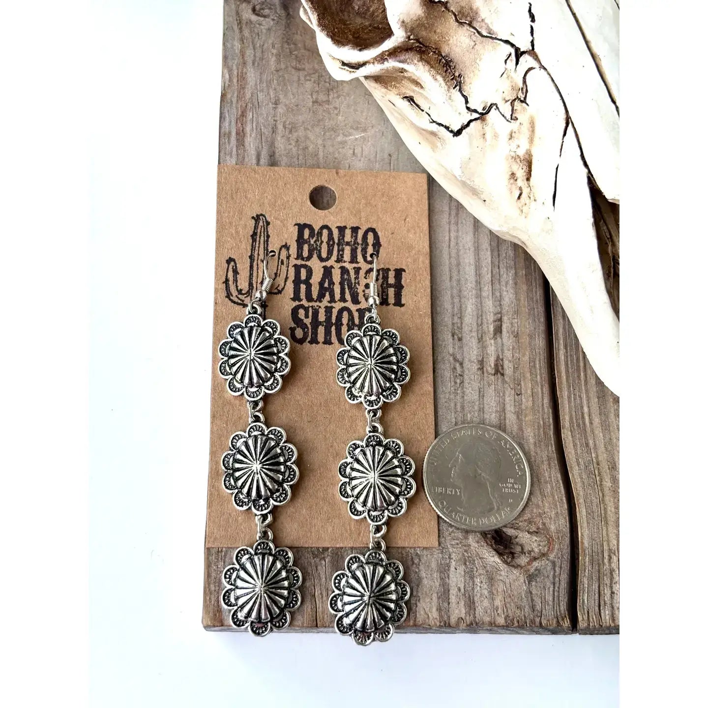 3 Tier Western Rectangle Concho Drop Dangle Earrings