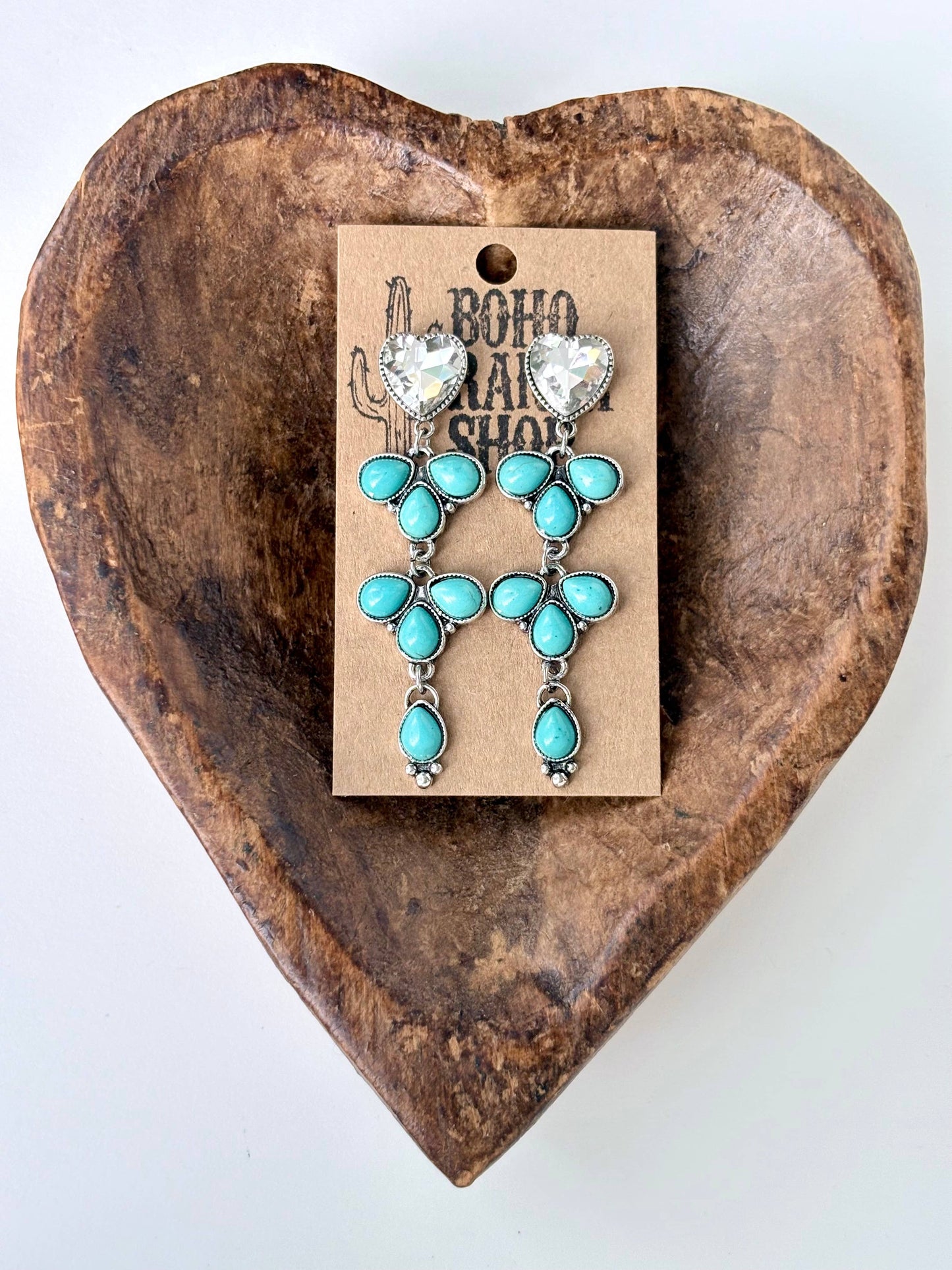 4 Tier Rhinestone Heart & Turquoise Stone Post Drop Earrings