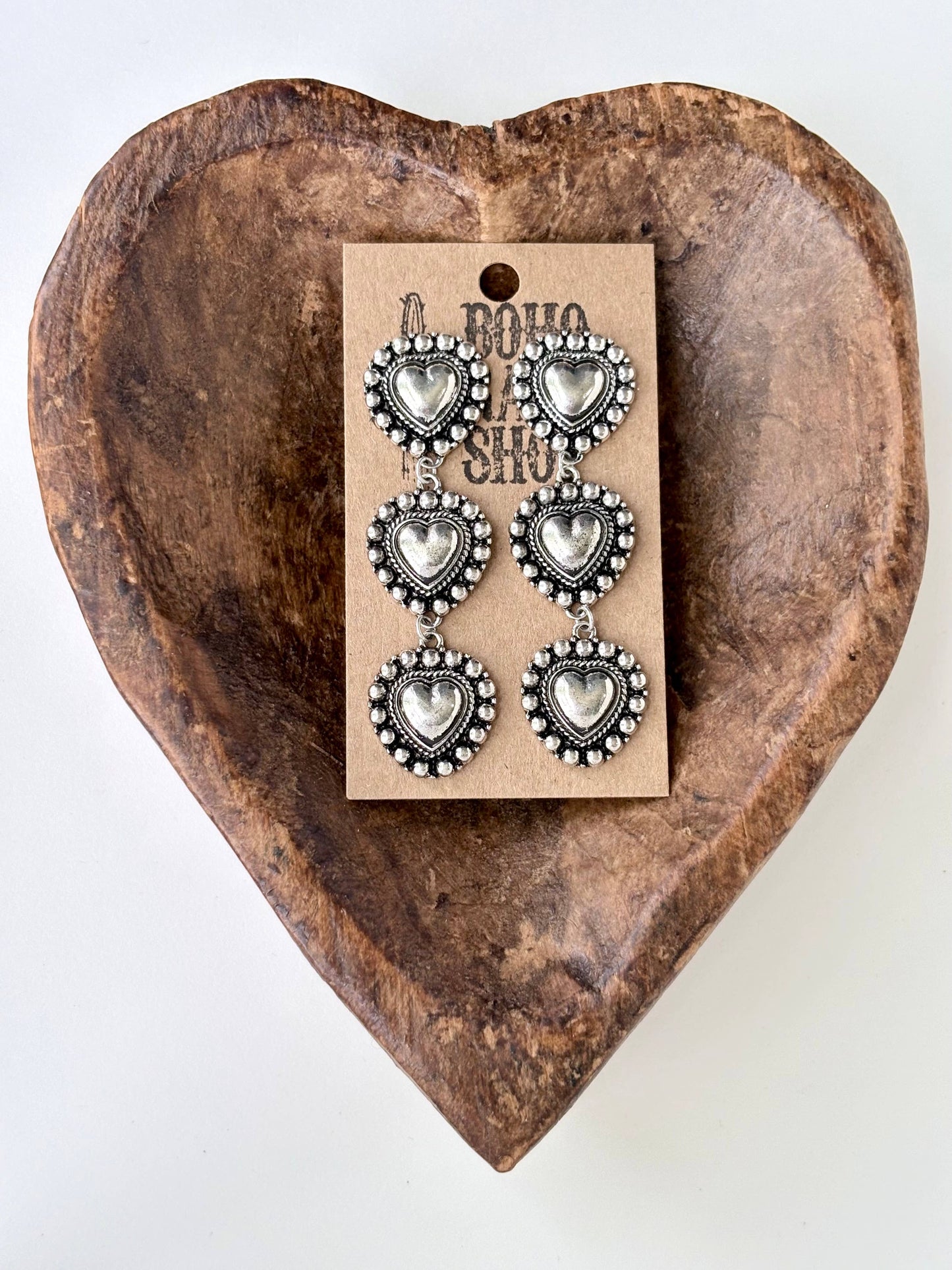 3 Tier Studded Heart, Round Concho Post Drop Earrings