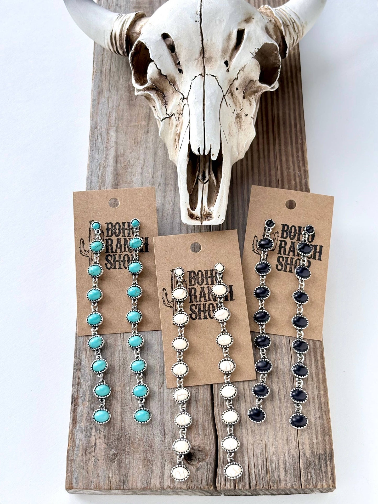 Western Style Linked Turquoise Stone Post Long Drop Earrings