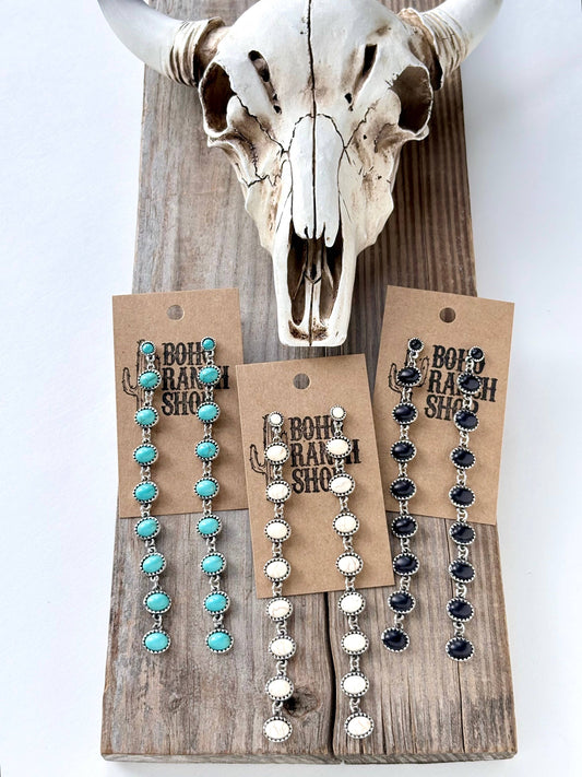 Western Style Linked Turquoise Stone Post Long Drop Earrings