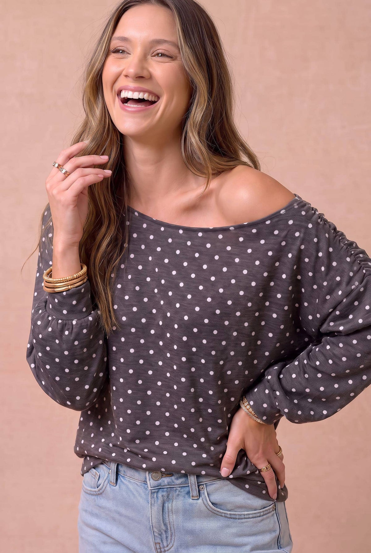 Polka Dot Off-Shoulder Loose Knit Top
