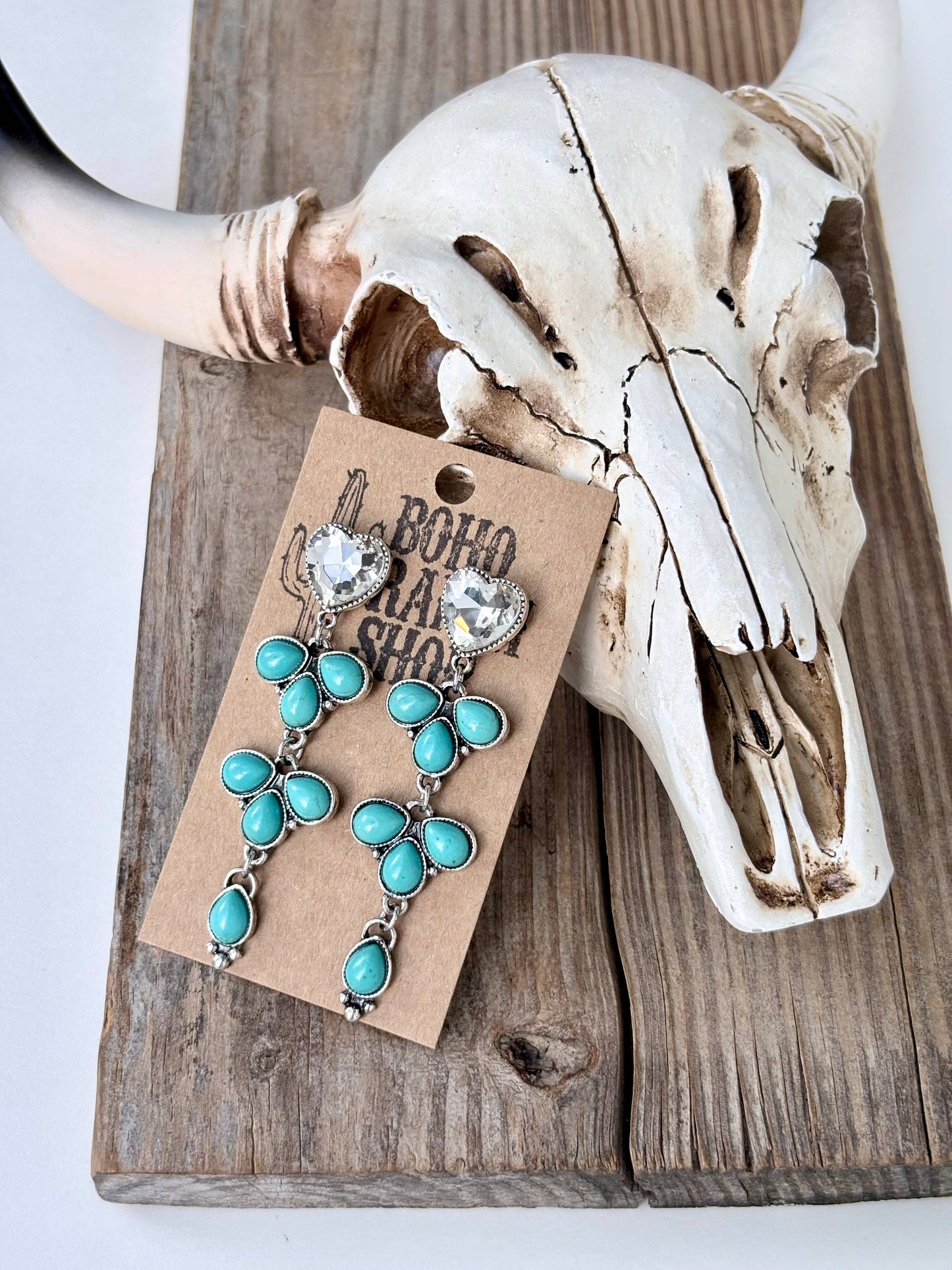 4 Tier Rhinestone Heart & Turquoise Stone Post Drop Earrings