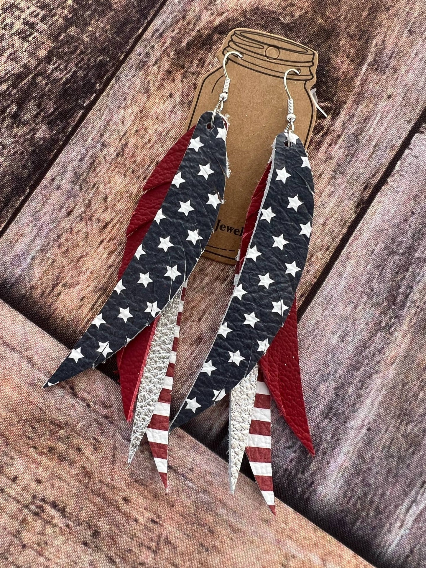 RED WHITE & BLUE USA STACKED FRINGE FEATHER EARRINGS