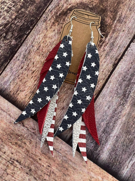 RED WHITE & BLUE USA STACKED FRINGE FEATHER EARRINGS