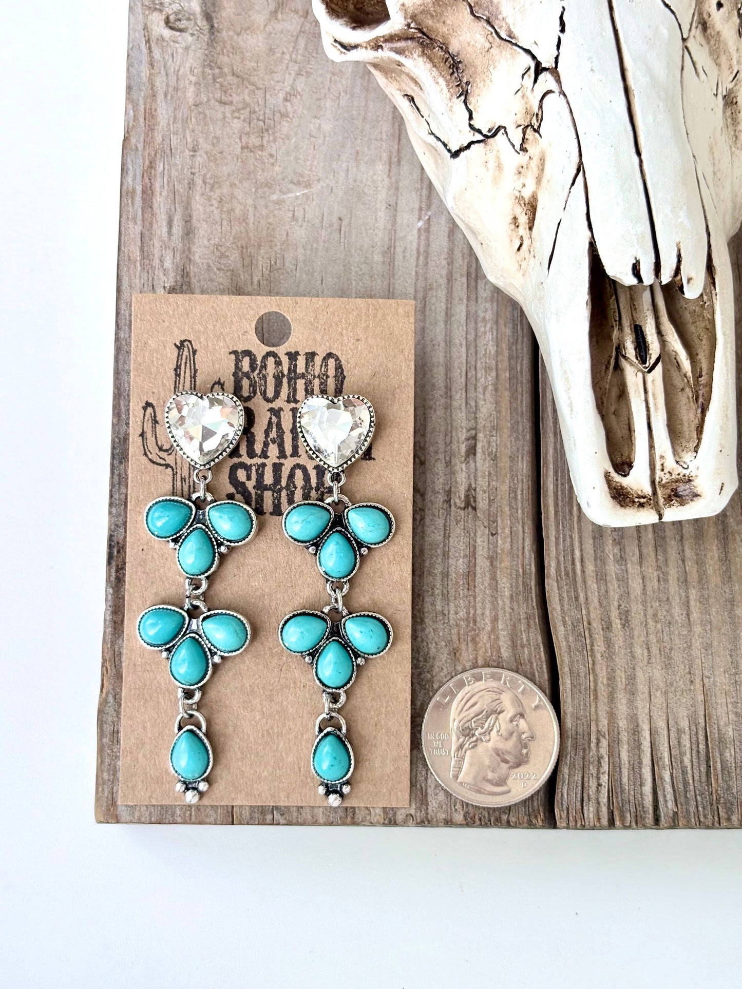 4 Tier Rhinestone Heart & Turquoise Stone Post Drop Earrings