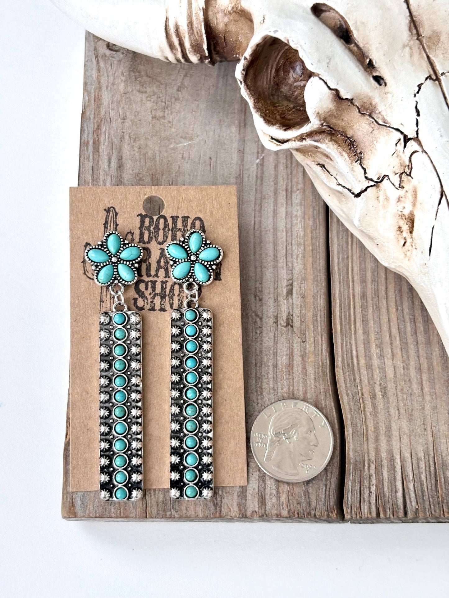 Western Turquoise Stone Flower & Bar Post Drop Earrings