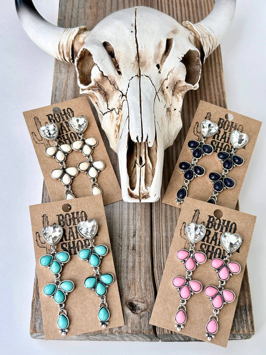 4 Tier Rhinestone Heart & Turquoise Stone Post Drop Earrings