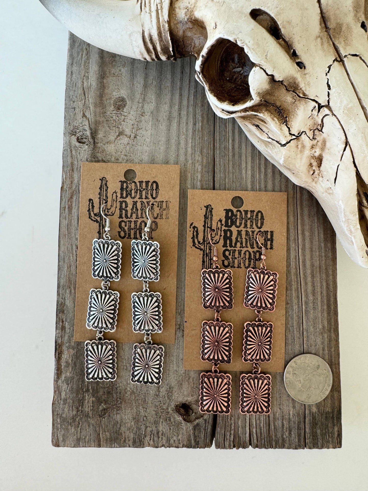 3 Tier Western Rectangle Concho Drop Dangle Earrings