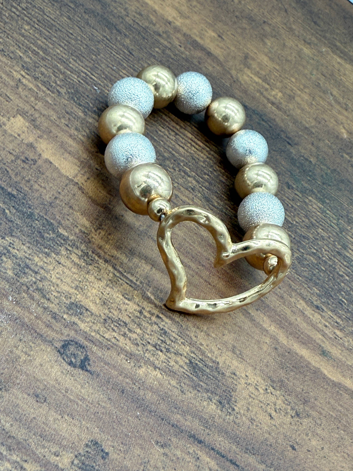 Hammered Heart Chunky Two-tone Beaded Bracelet