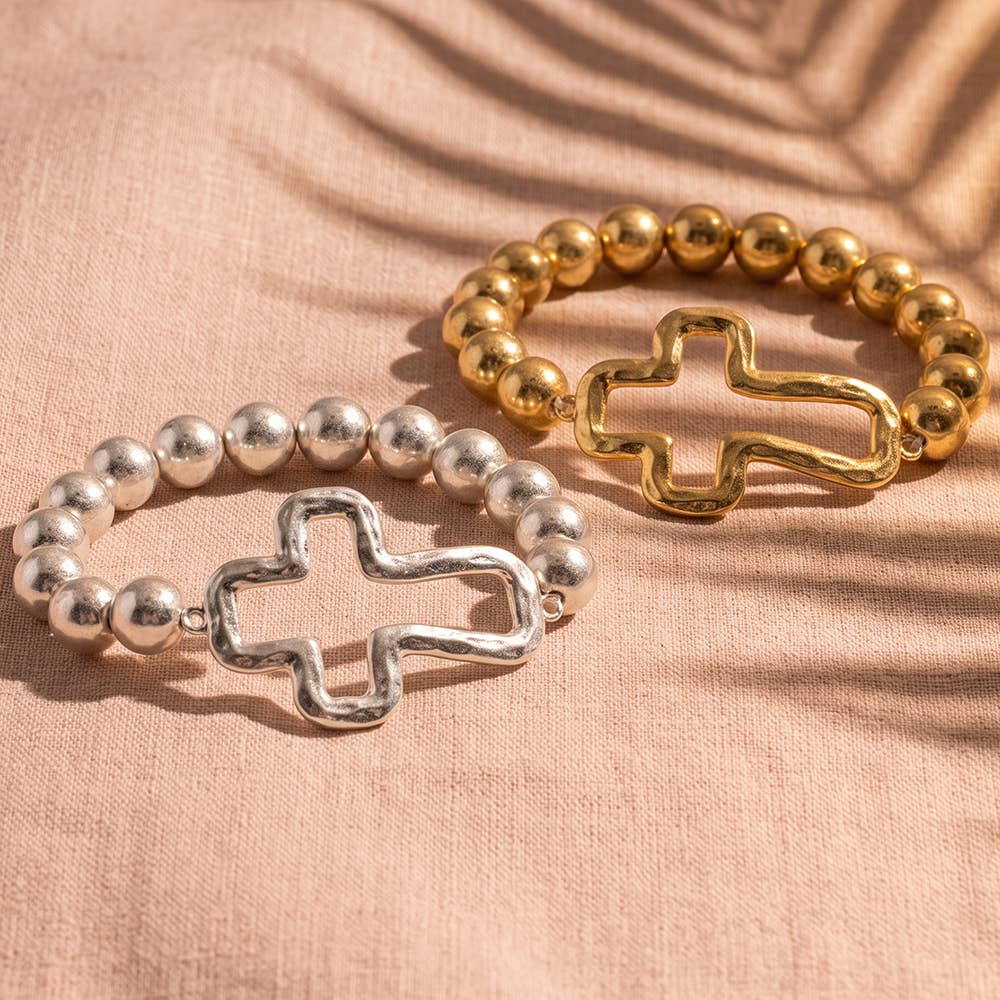 Hammered Open Cross Ball Bead Stretch Bracelet