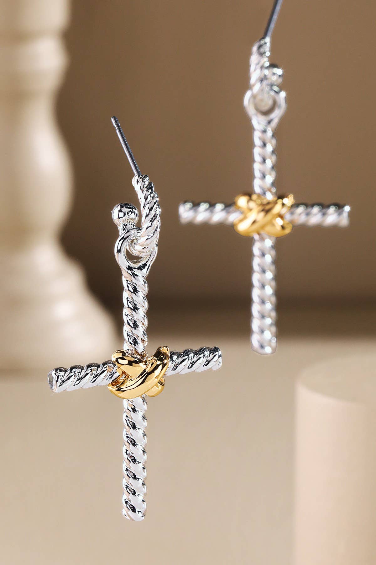 Two-Tone Rope Cross Charm Earrings