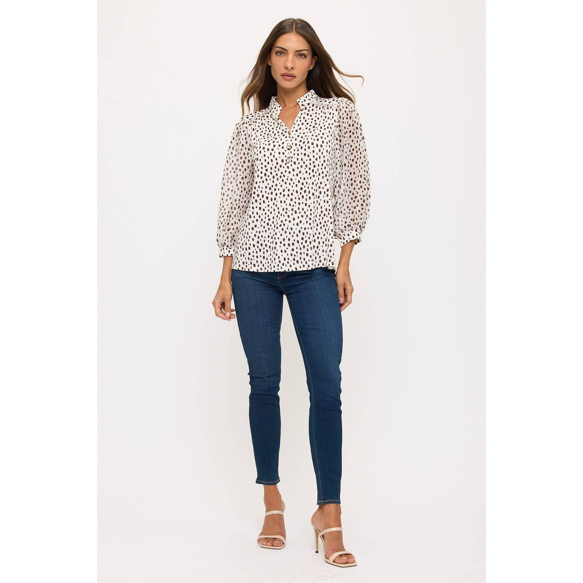DOT SHEER SLEEVE RUFFLE SHIRT