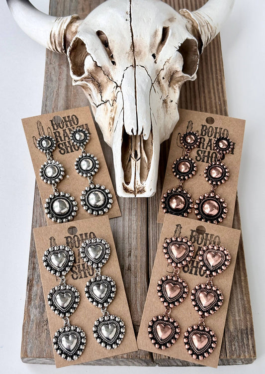 3 Tier Studded Heart, Round Concho Post Drop Earrings