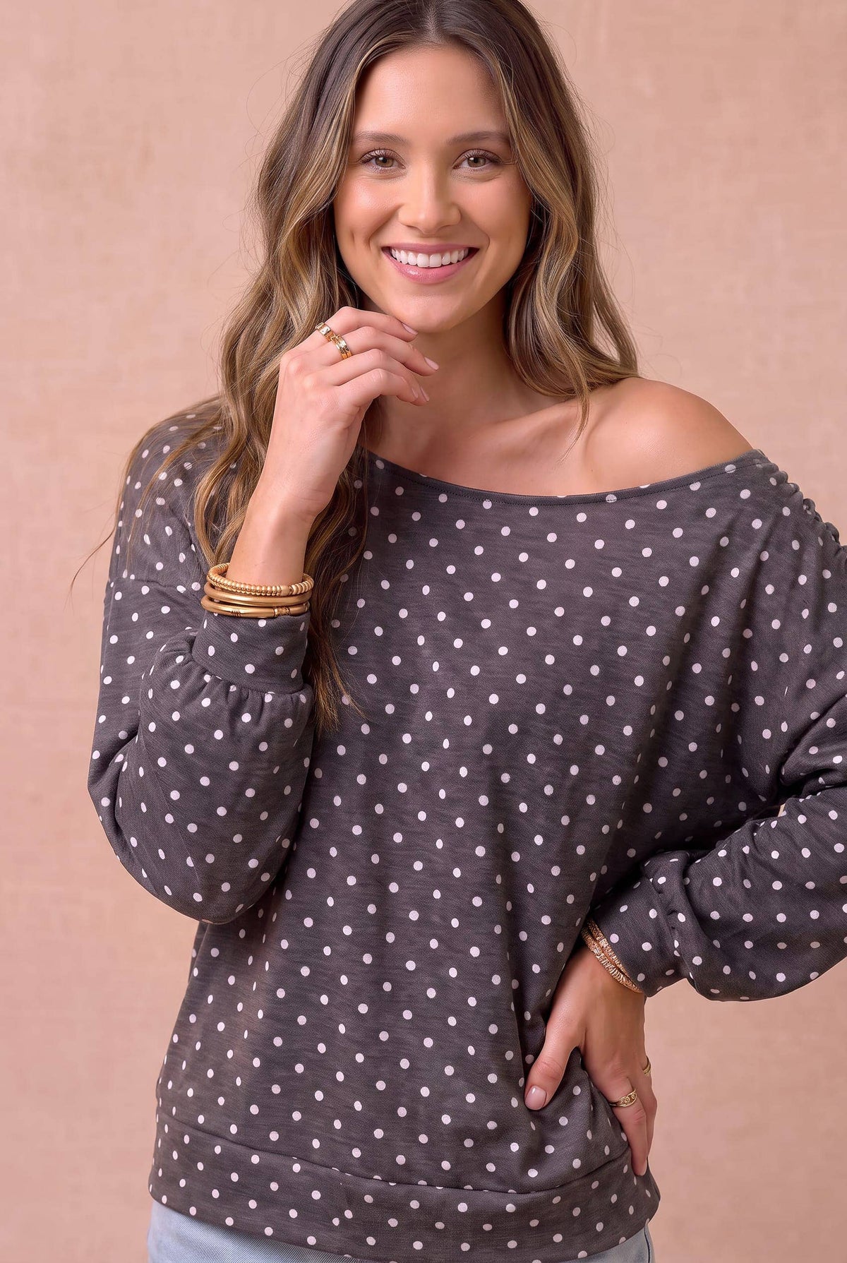 Polka Dot Off-Shoulder Loose Knit Top